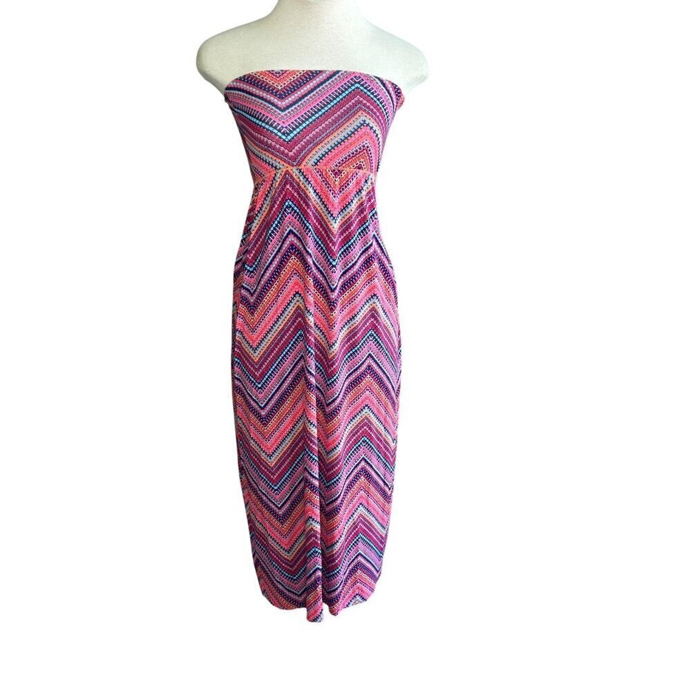 Cynthia Rowley Pink Zigzag Stripe Beachy Liquid Knit Strapless Dress Size Small